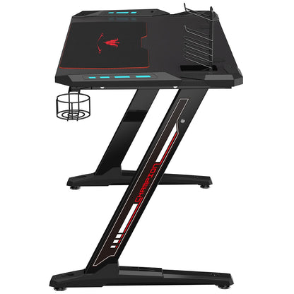 Eureka Ergonomic Z1-S Gaming Desk with Blue LED Lights, Carbon Fibre Texture, Controller Stand, Cup Holder, Headphone Hook