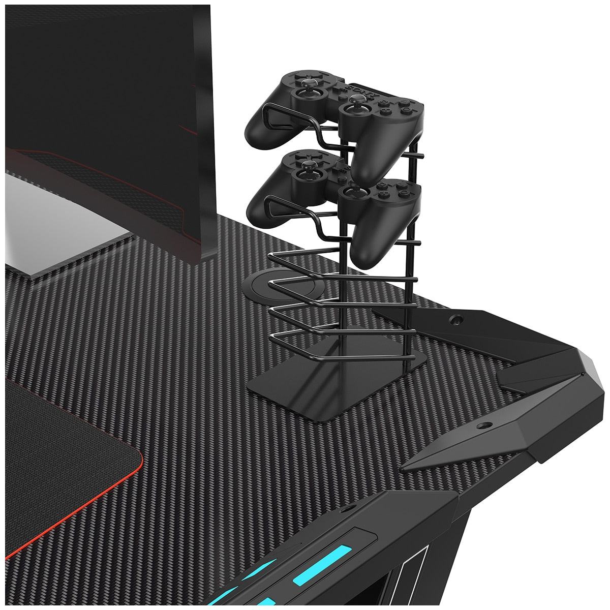 Eureka Ergonomic Z1-S Gaming Desk with Blue LED Lights, Carbon Fibre Texture, Controller Stand, Cup Holder, Headphone Hook - SuperSaverAU - view 6