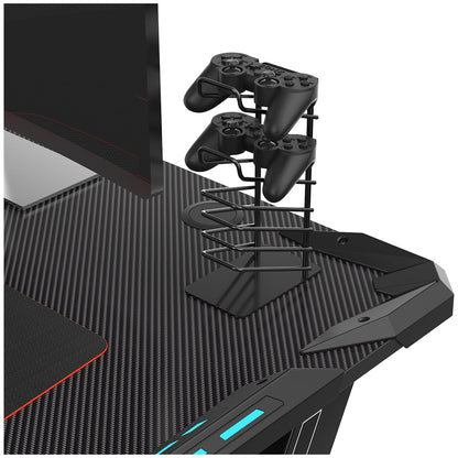 Eureka Ergonomic Z1-S Gaming Desk with Blue LED Lights, Carbon Fibre Texture, Controller Stand, Cup Holder, Headphone Hook