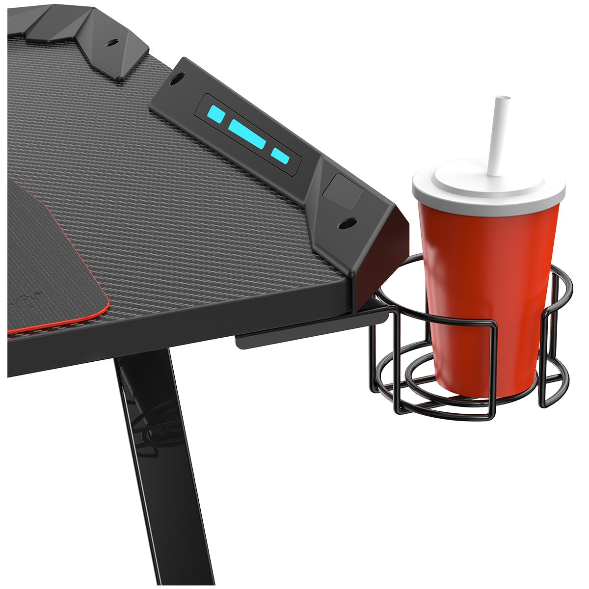 Eureka Ergonomic Z1-S Gaming Desk with Blue LED Lights, Carbon Fibre Texture, Controller Stand, Cup Holder, Headphone Hook - SuperSaverAU - view 11
