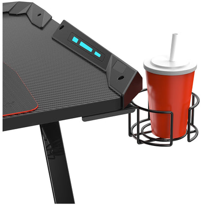 Eureka Ergonomic Z1-S Gaming Desk with Blue LED Lights, Carbon Fibre Texture, Controller Stand, Cup Holder, Headphone Hook