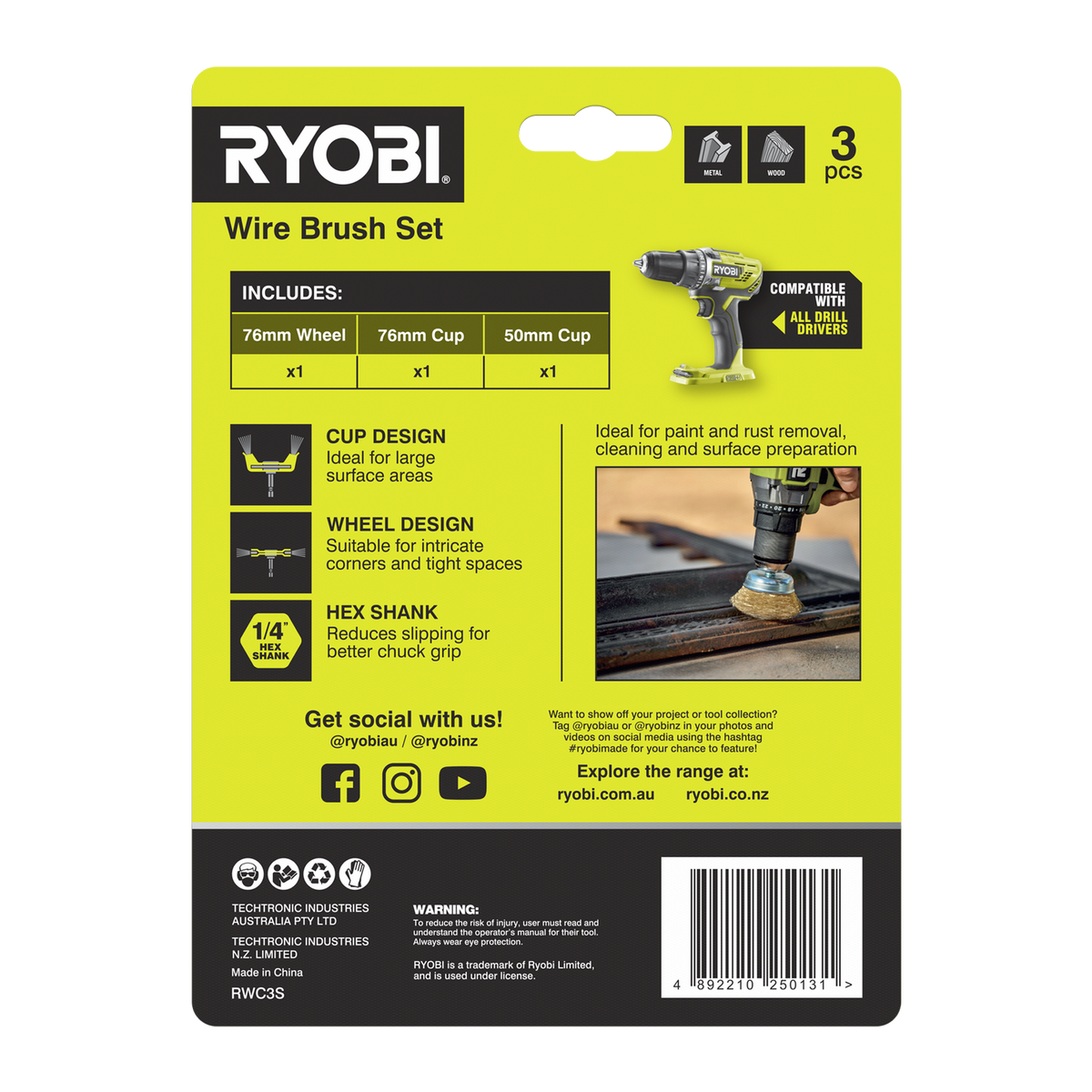 Ryobi 3 Piece Wire Brush Set - 76mm & 50mm - Rust & Paint Removal - SuperSaverAU - view 2