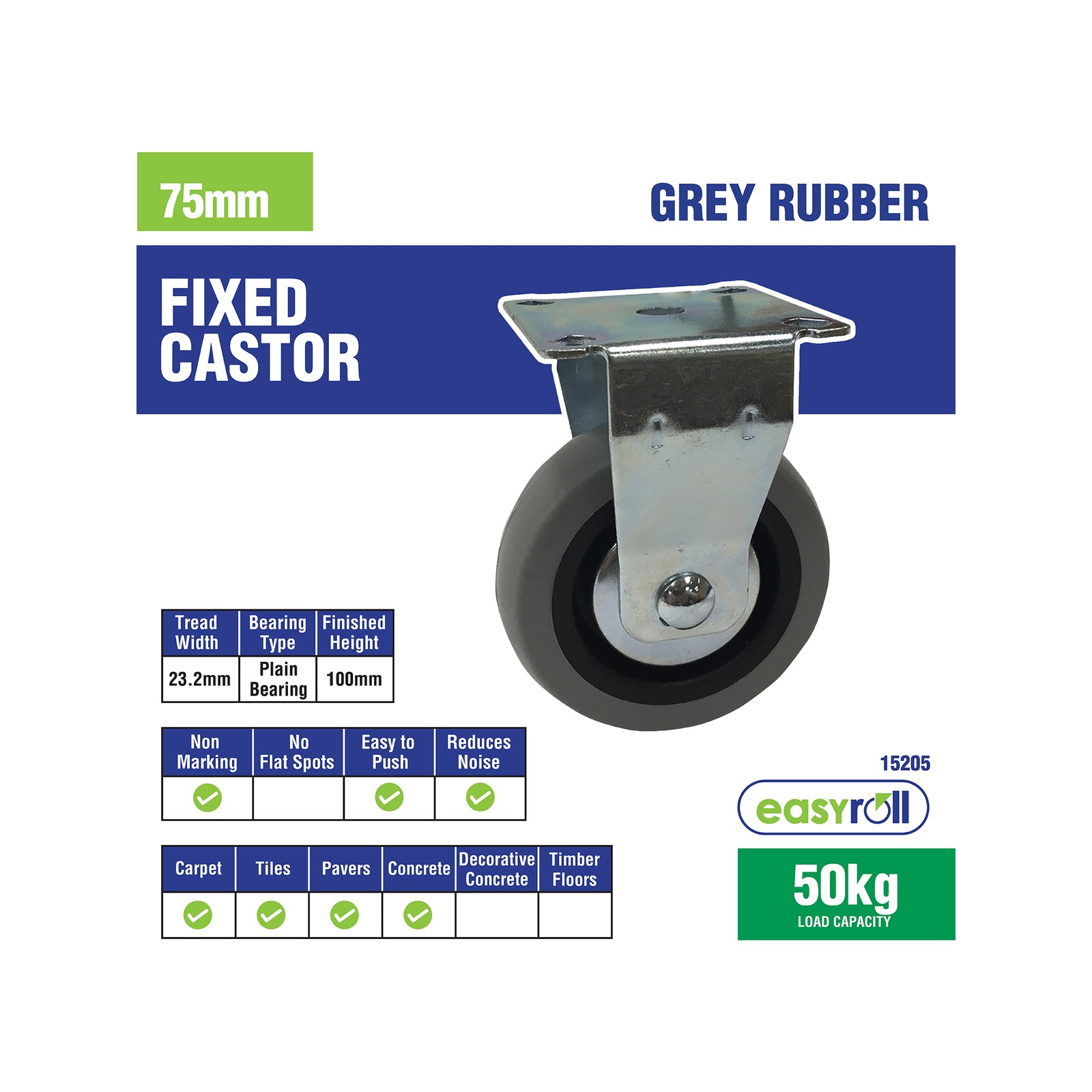 Move It 75mm Grey Rubber Fixed Plate Castor 50kg