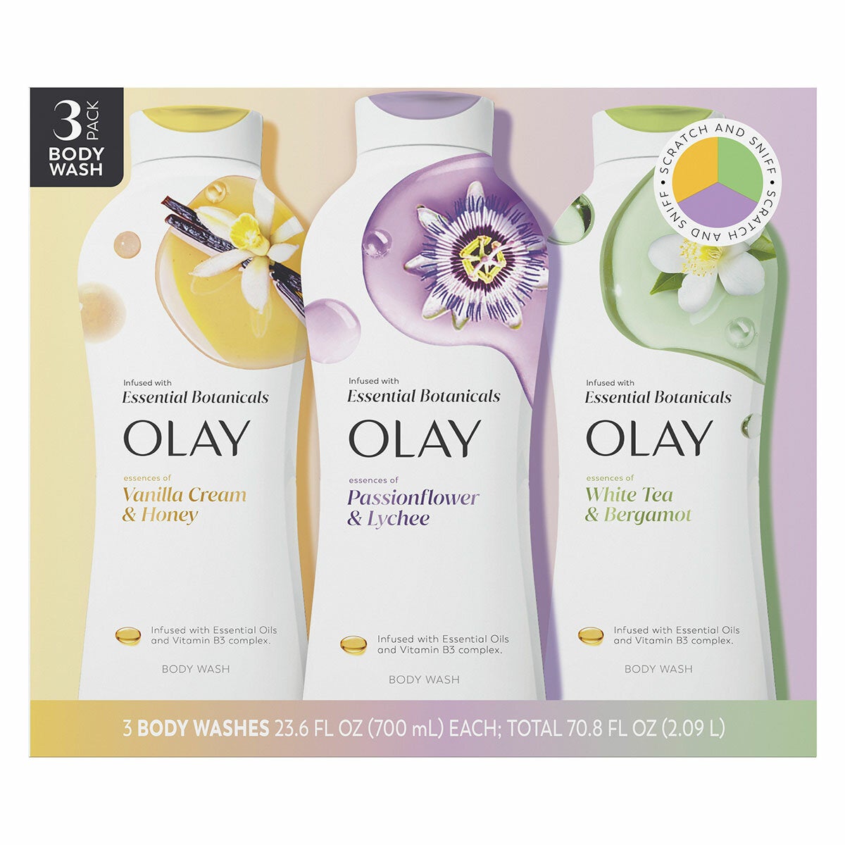 Olay Body Wash Essential Botanicals Shower Gel 3 x 700ml Real Essential Oils