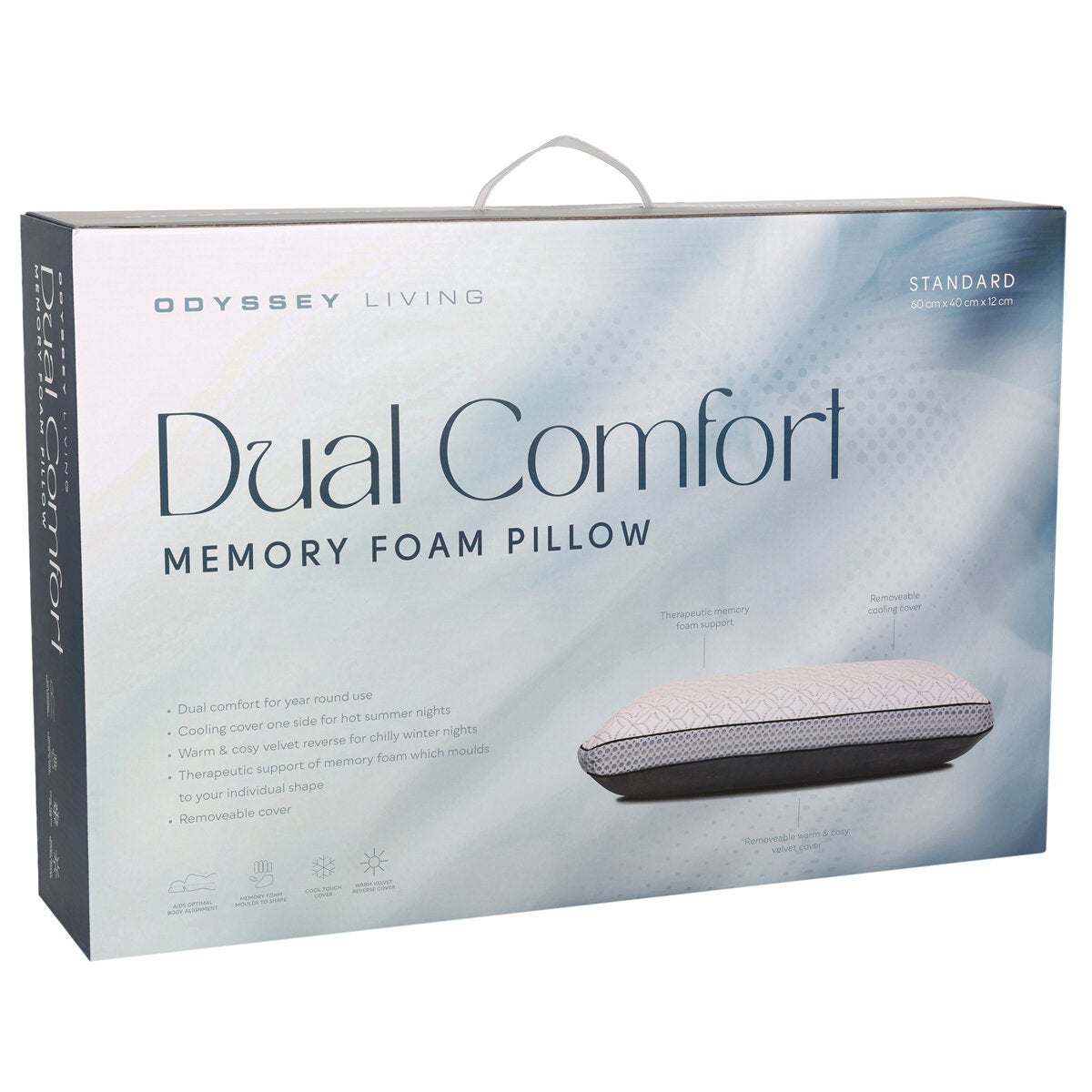 Odyssey Living Contoured Bed Pillow Memory Foam Dual Comfort Cooling Cover