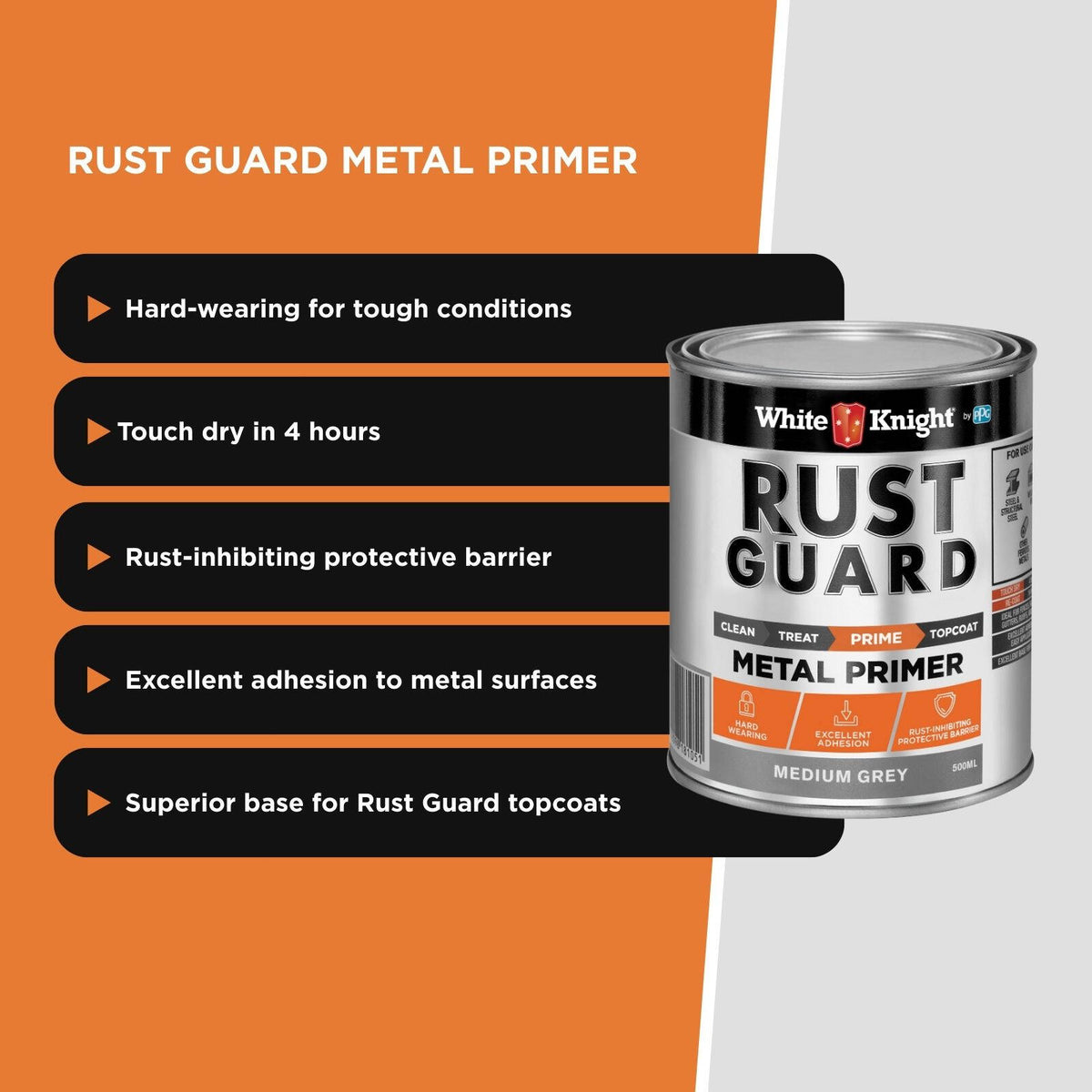 White Knight Rust Guard Metal Primer 500ml - Medium Grey Solvent Based Rust-Inhibiting Primer
