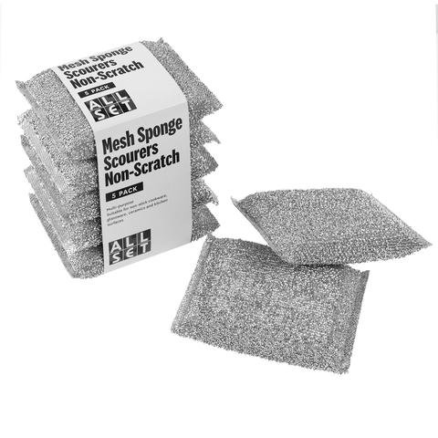 All Set Silver Mesh Sponge Scourer 5 Pack Non-Scratch PU Foam