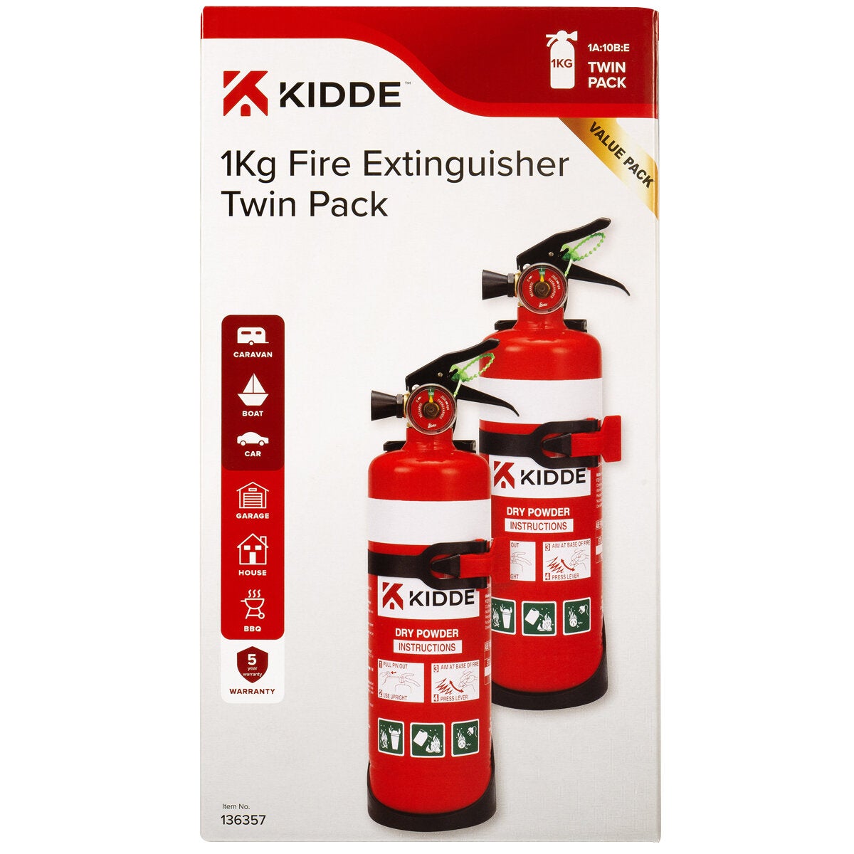 Kidde ABE Dry Powder Fire Extinguishers 1kg 2 Pack With Vehicle Bracket