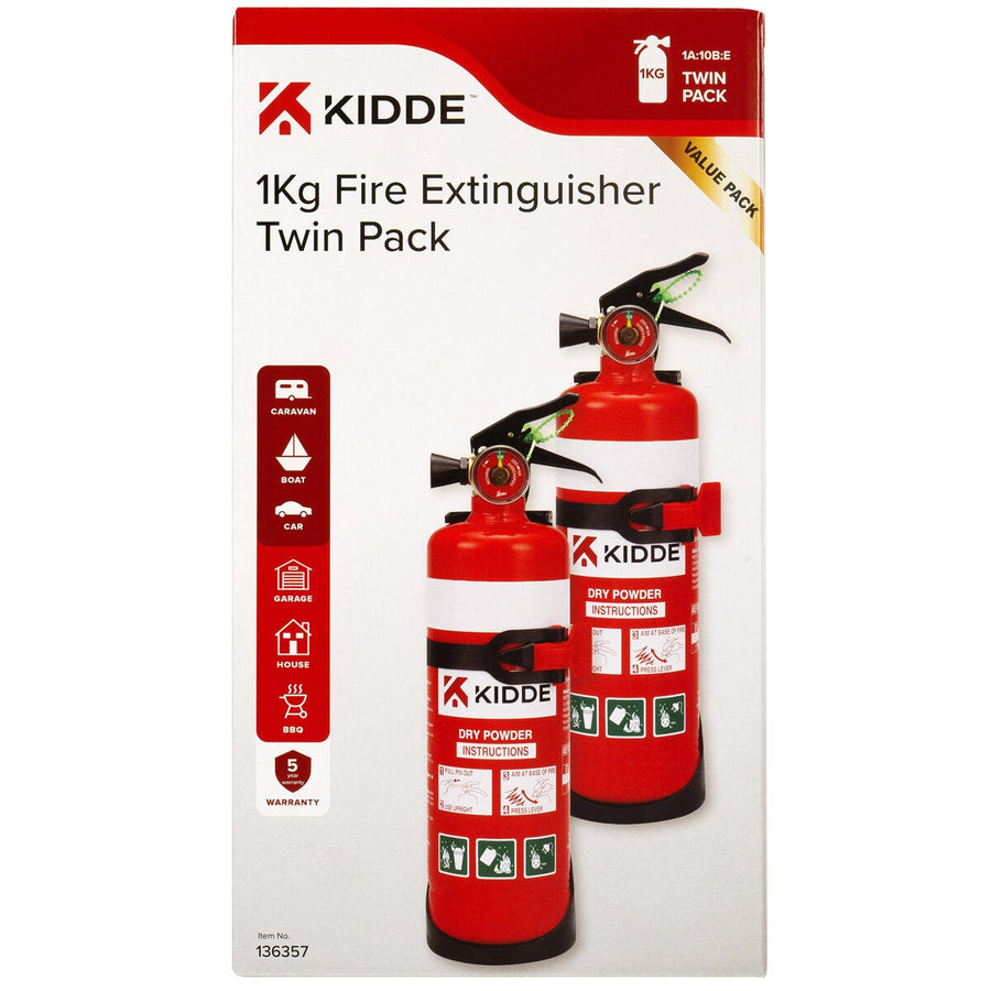 Kidde ABE Dry Powder Fire Extinguishers 1kg 2 Pack With Vehicle Bracket