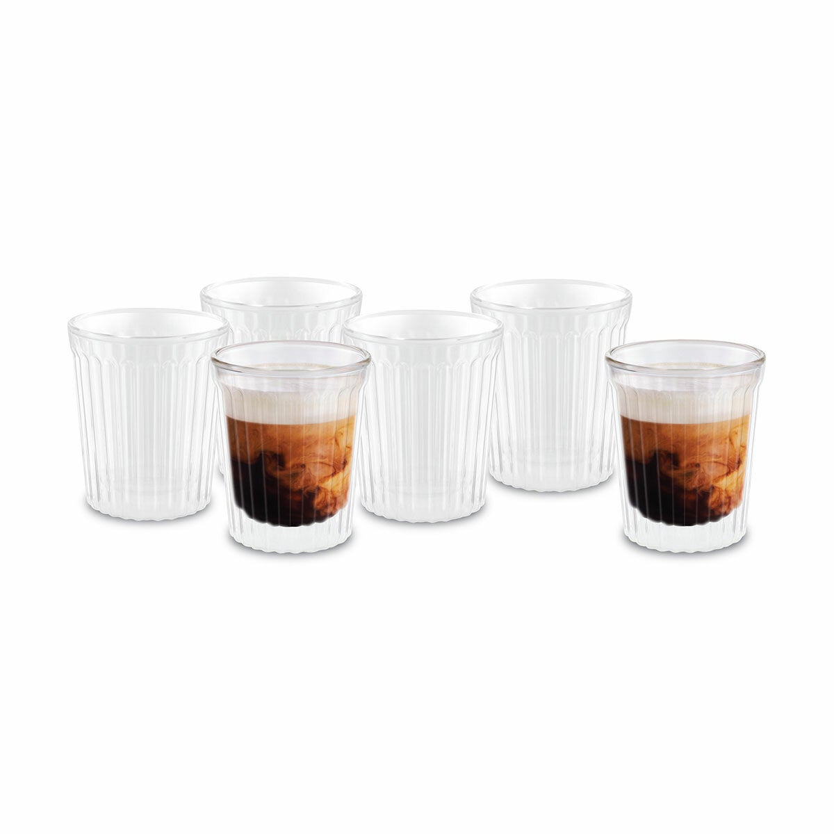 Avanti 6 Pack Coffee Glasses 250ml Double Wall Borosilicate Rigato Ribbed