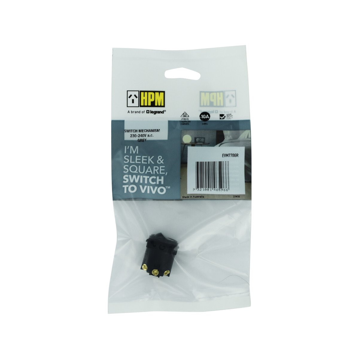 HPM Vivo Rocker Switch Mechanism 10A 240V - Grey - Reliable Performance - SuperSaverAU - view 2
