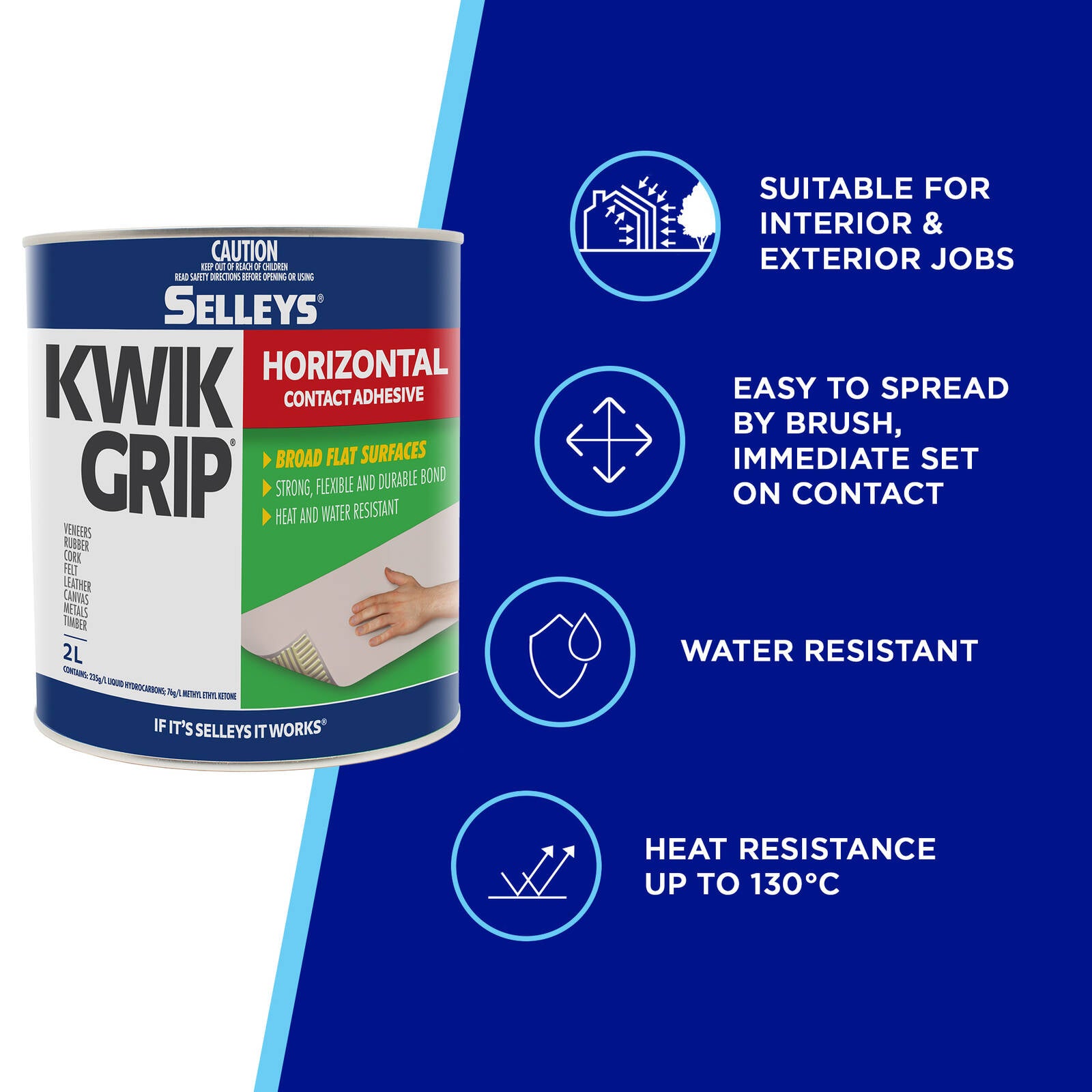 Selleys 2L Kwik Grip Horizontal Contact Adhesive - Solvent-Based, Instant Bond