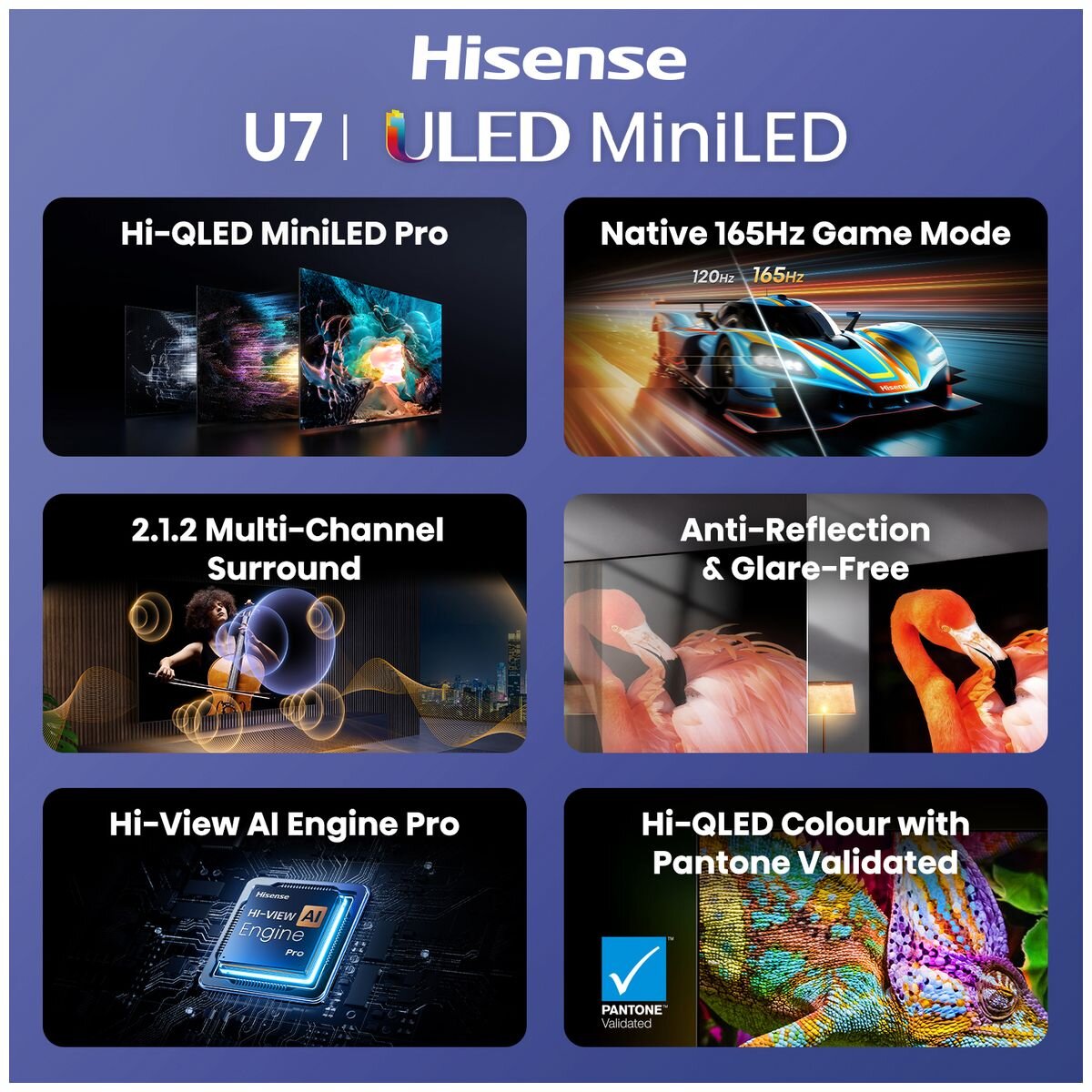 Hisense 55 Inch U7S 4K Mini-LED ULED Smart TV - 165Hz, Dolby Vision, HDR10+ - 55U7SAU