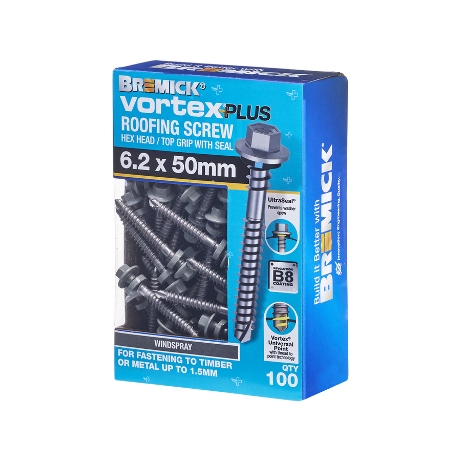 Bremick Vortex Plus Roofing Screw 6.2 x 50mm - Hex B8 - Box of 100 - Watertight Connection - SuperSaverAU - view 1