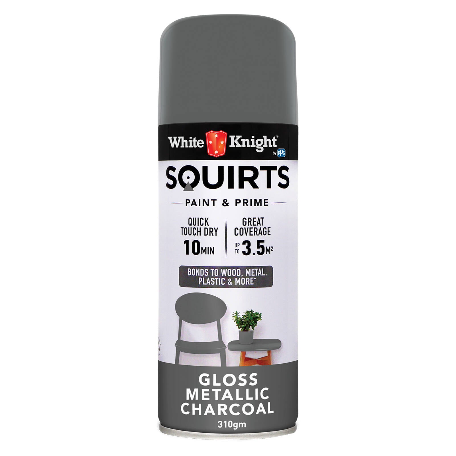 White Knight Squirts Metallic Charcoal Gloss Spray Paint 310g - Solvent-Based, UV Resistant