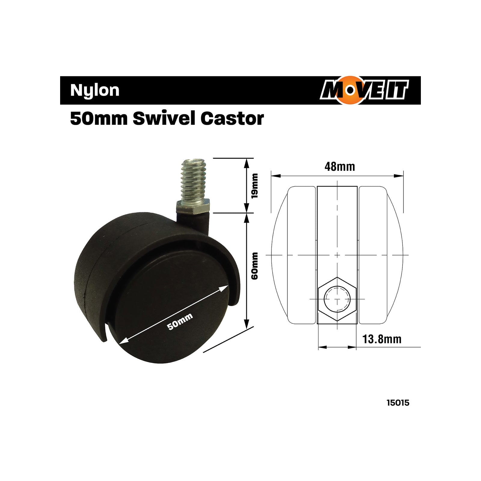 Move It 50mm 3/8" Threaded Hooded Furniture Castor, Nylon Twin Wheel Swivel, 50kg - 2 Pack