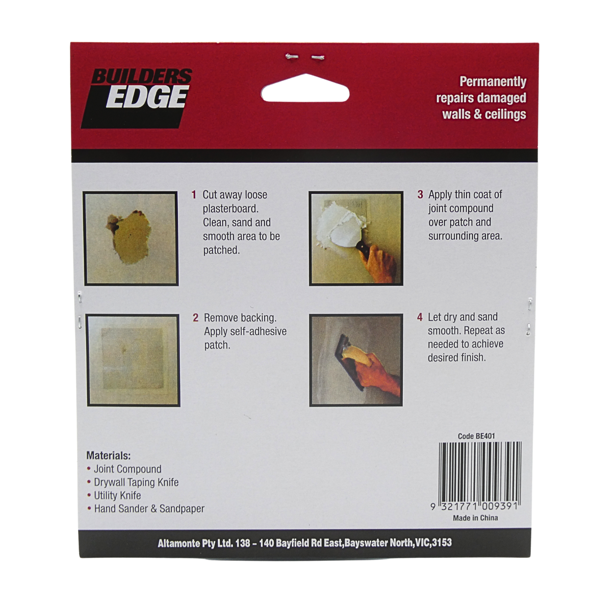 Builders Edge Plasterboard Wall Patch - 100mm x 100mm - Rustproof Aluminium - Self-Adhesive - SuperSaverAU - view 2