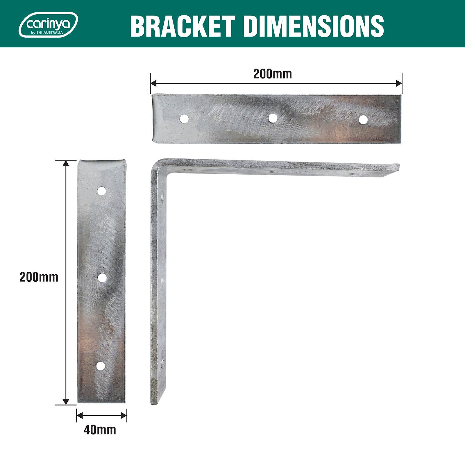 Carinya 200 x 200mm Galvanised Steel Heavy-Duty Angle Bracket, 50kg Capacity