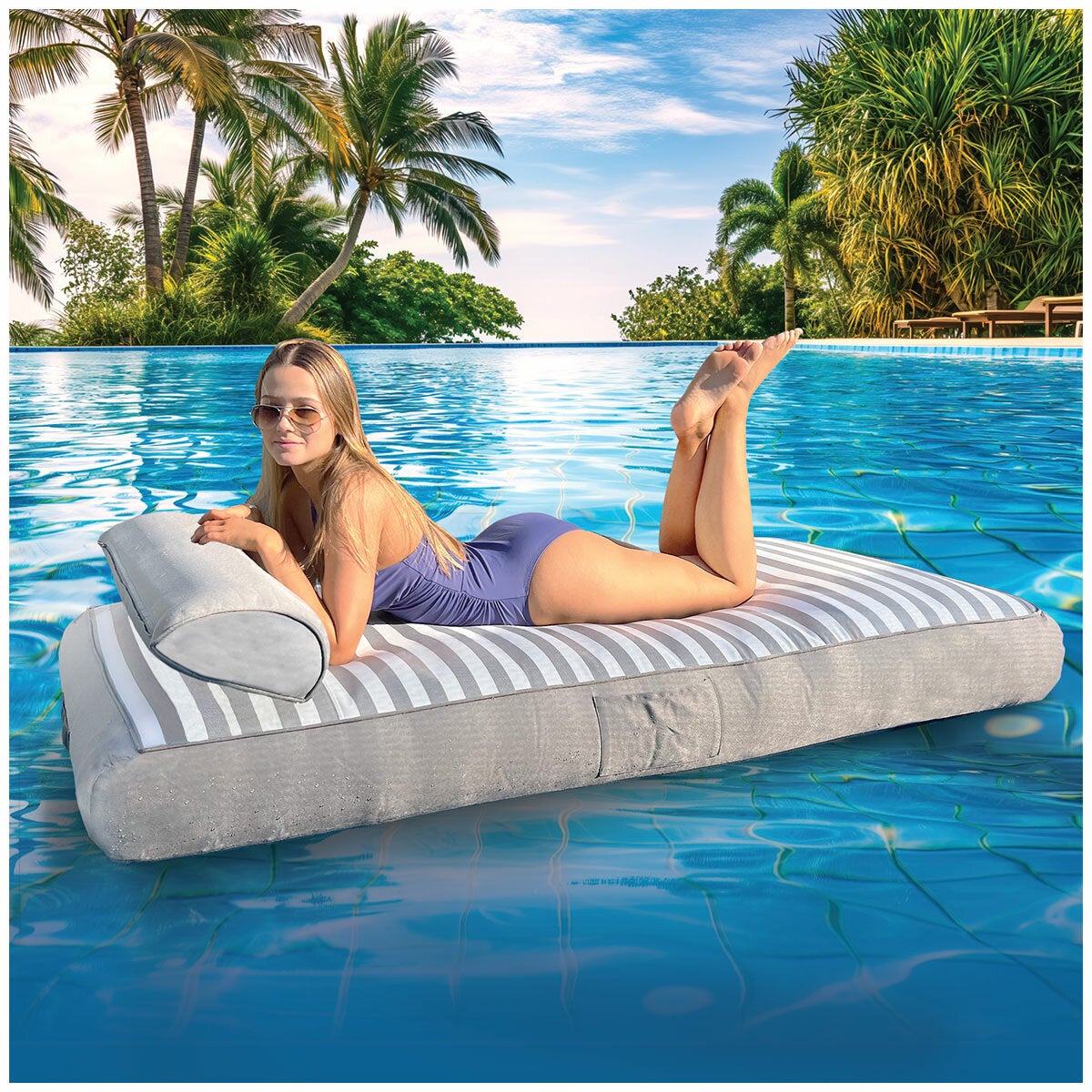 Spire Adalus Inflatable Pool Lounger Grey Stripe, 200kg Limit and Pockets
