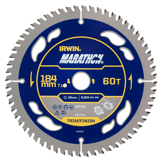 Irwin 184mm 60T Marathon Circular Saw Blade IW7071023 - Tungsten Carbide - Precision Cutting