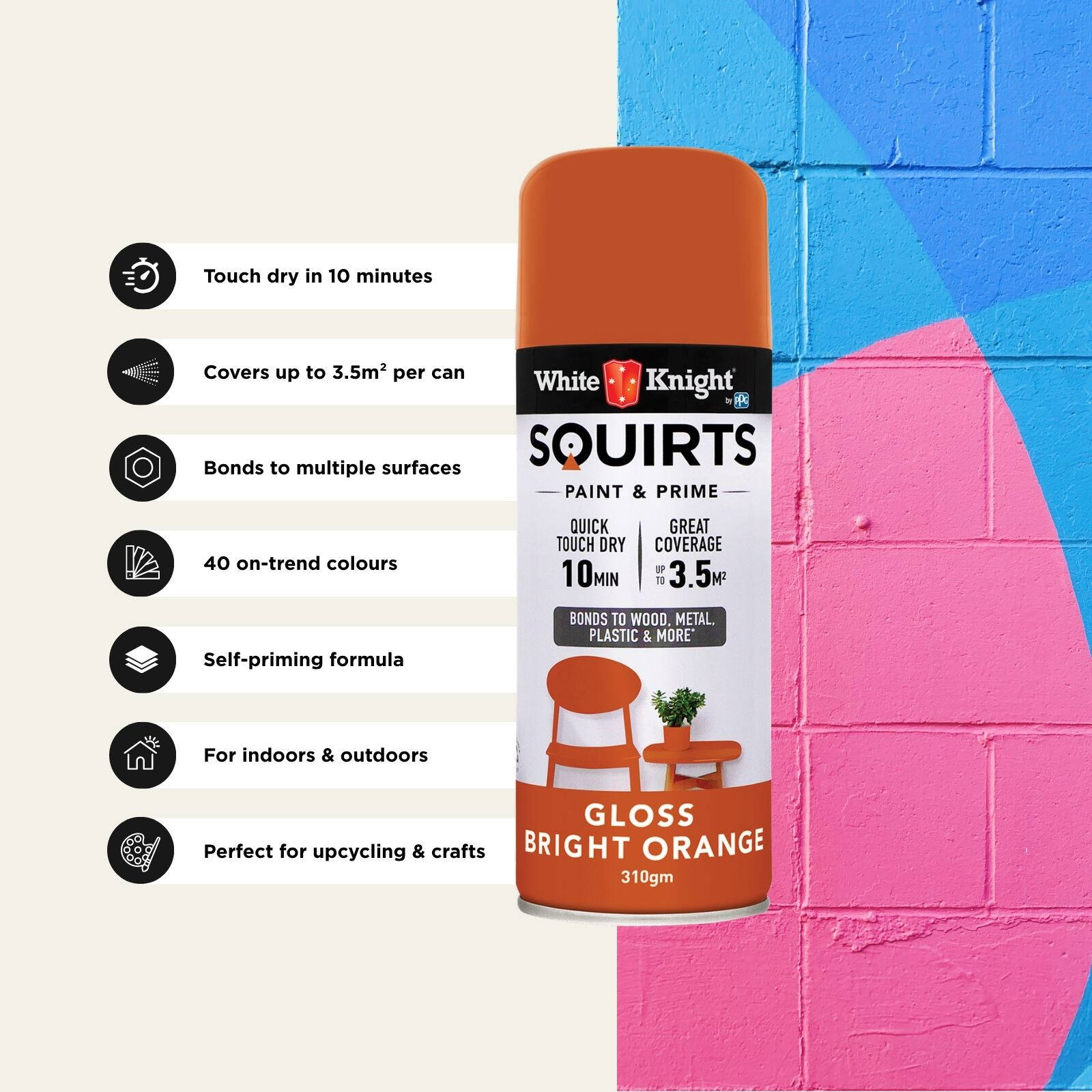 White Knight Squirts Bright Orange Gloss Spray Paint 310g - Solvent-Based, Waterproof
