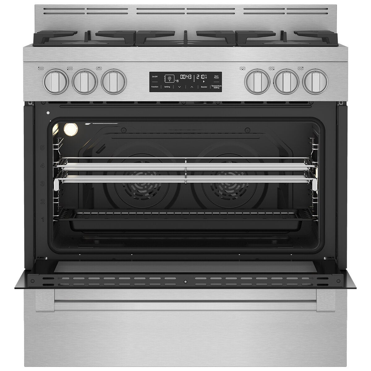 Beko 90cm Dual Fuel Freestanding Oven - 130L Twin Fan, Six Gas Burners, Stainless Steel - BFC918GMX1