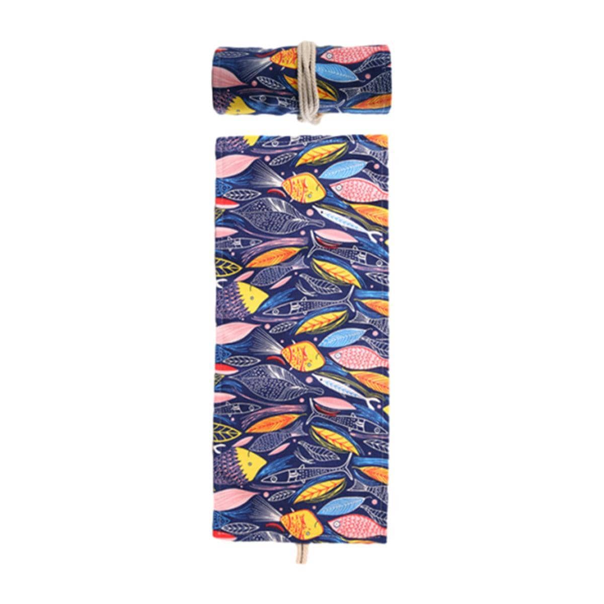 48-Hole Canvas Roll-Up Pencil Case - Fish Print, 58 x 20 cm
