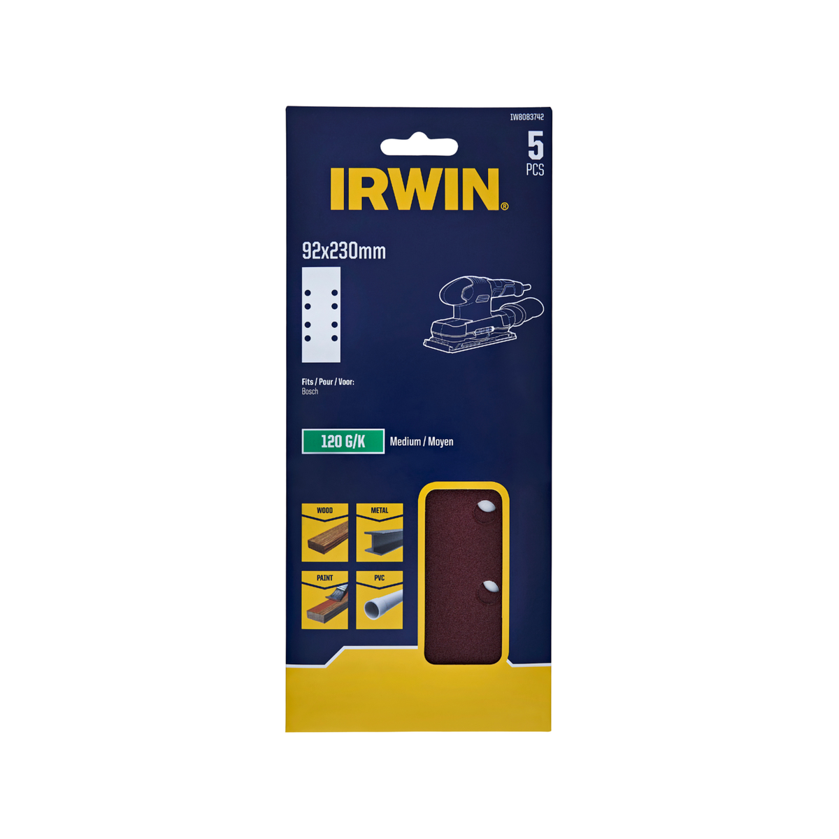 Irwin Sand Sheets 120 Grit 92 x 230mm - 5 Pack - Aluminium Oxide - 8 Holes - SuperSaverAU - view 1