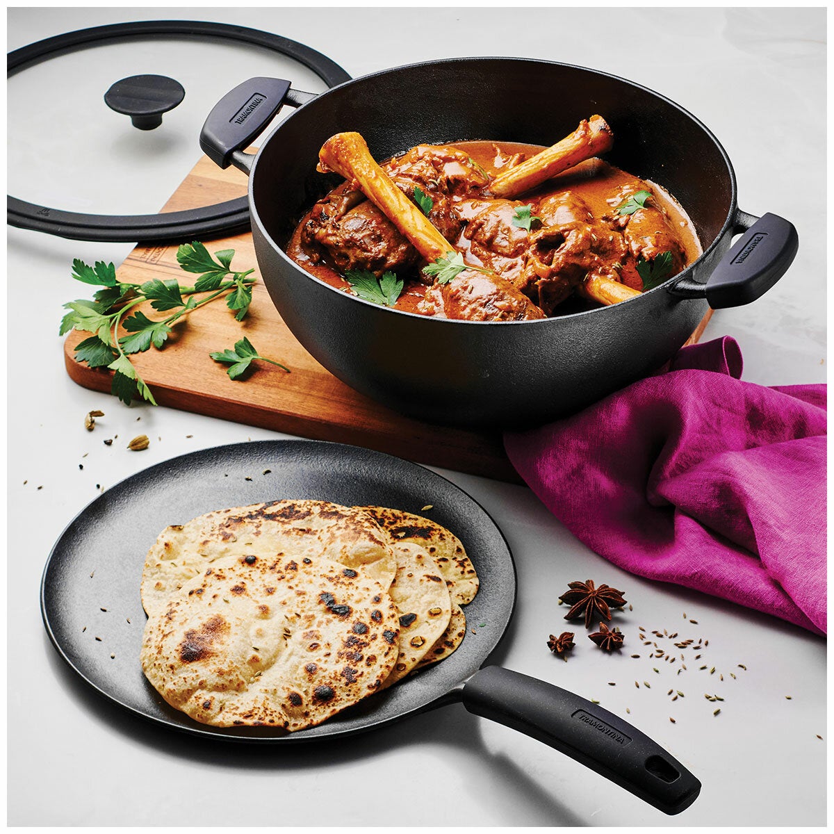 Tramontina 3 Piece Pre-Seasoned Cast Iron Deep Kadai And Flat Tawa Cookware Set