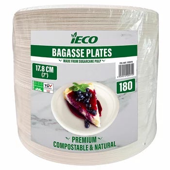IECO Compostable Sugarcane Plate Pack, 180 Count White 178mm Disposable Plates — image 8