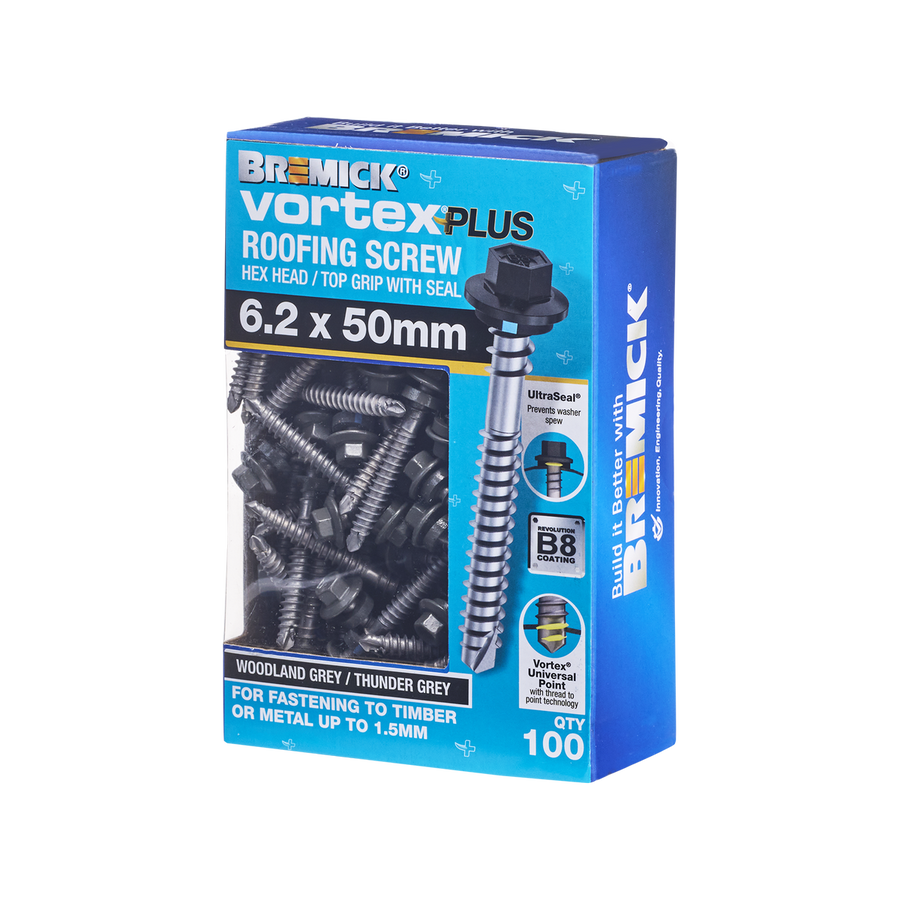 Bremick Vortex Plus Roofing Screw 6.2 x 50mm - Hex B8 Coating - Box of 100 - Watertight Connection - SuperSaverAU - view 1