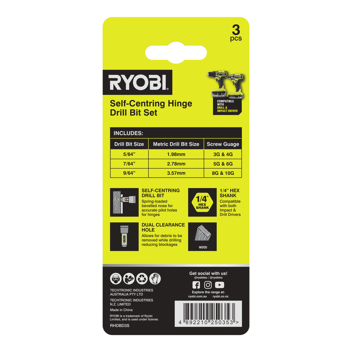 Ryobi 3 Piece Door Hinge Drill Bit Set - 5/64” 7/64” 9/64” - Self-Centring - SuperSaverAU - view 2