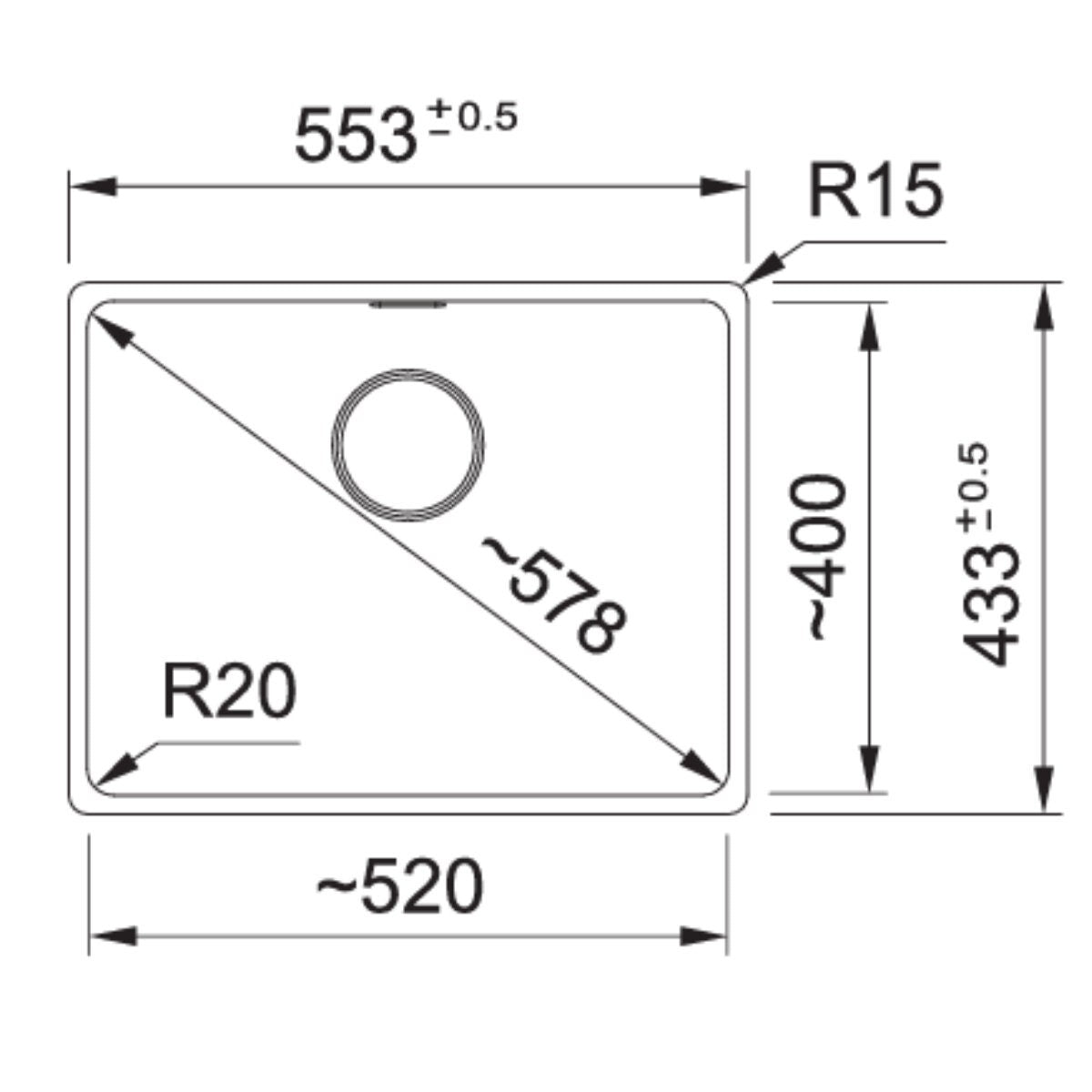 Franke 553mm Wide Single Bowl Undermount Sink - Stone Grey Granite - Hidden Overflow - MRG110-52SG-B