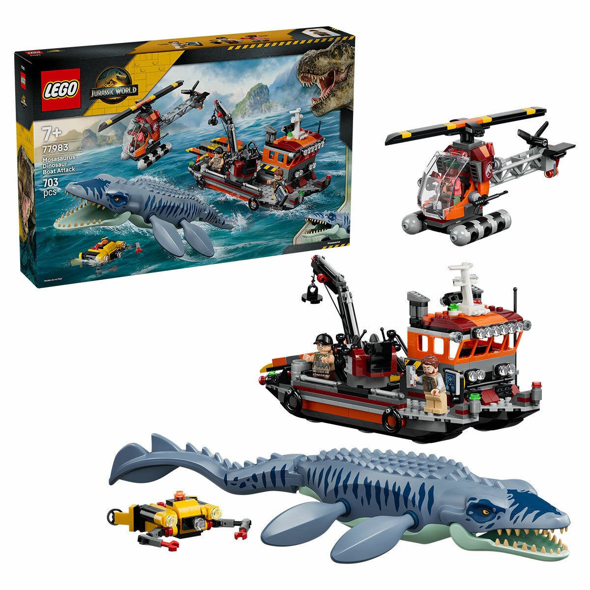 LEGO Mosasaurus Dinosaur Boat Attack Jurassic World Playset 3 Minifigures 77983