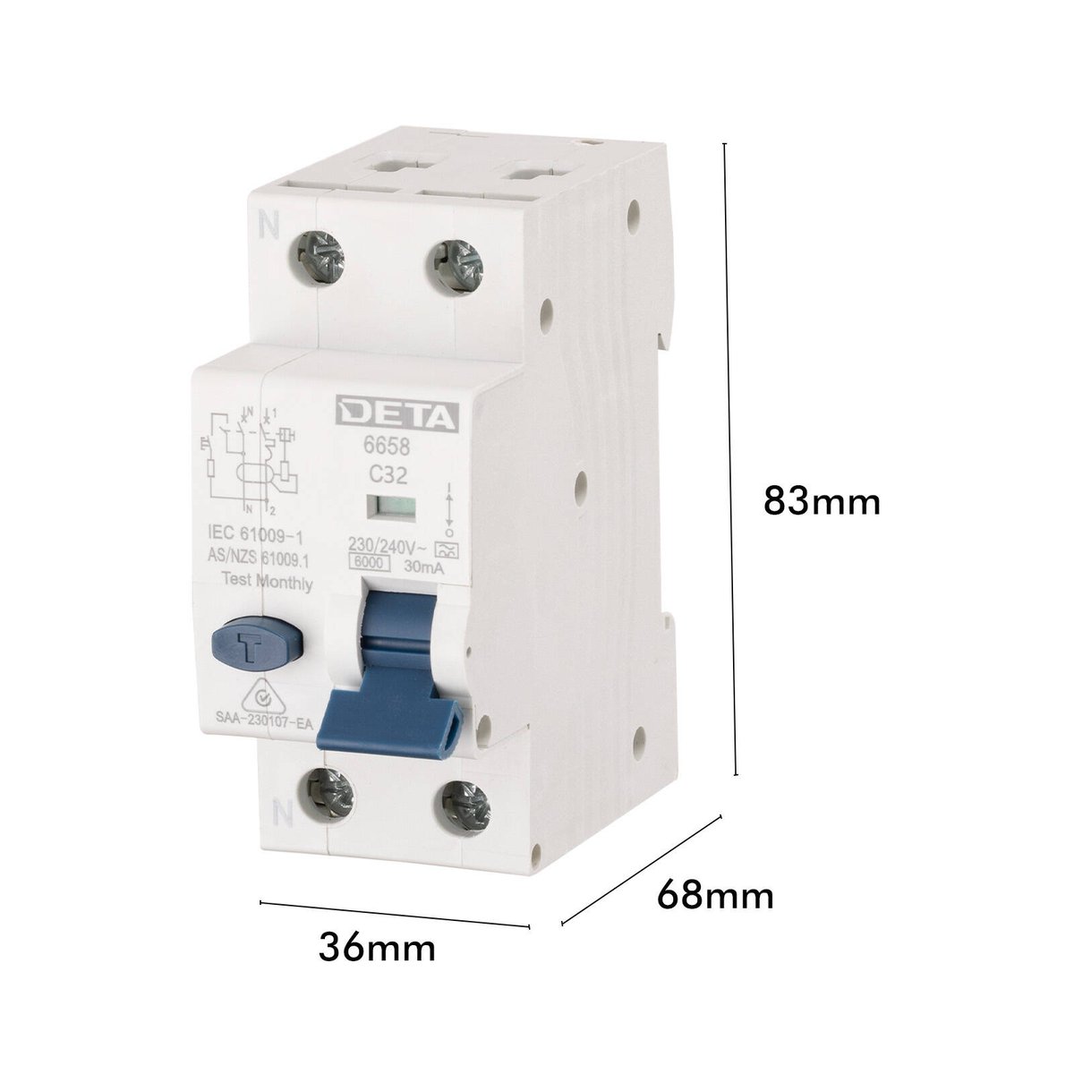Deta 32A Single Phase RCBO - 6kA High Breaking Capacity - 240V - SuperSaverAU - view 3