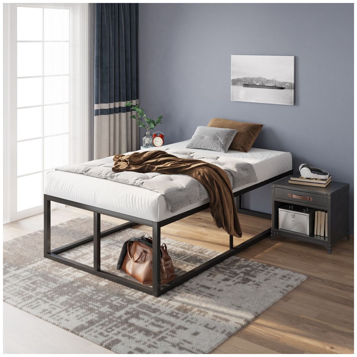 Zinus Joseph King Single Metal Bed Frame - 45cm Height, Wooden Slats, Black Steel - AU-FBMFB1ZC-18B