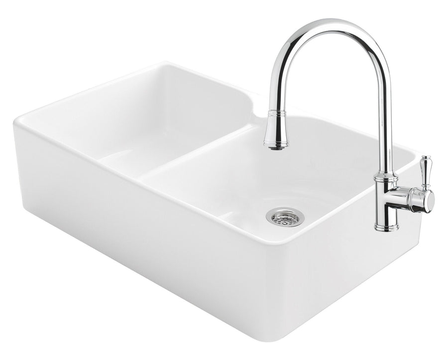 Abey Chambord Clotaire double bowl sink pack - white fireclay - chrome pull out tap - CLOTAIRE-2WT