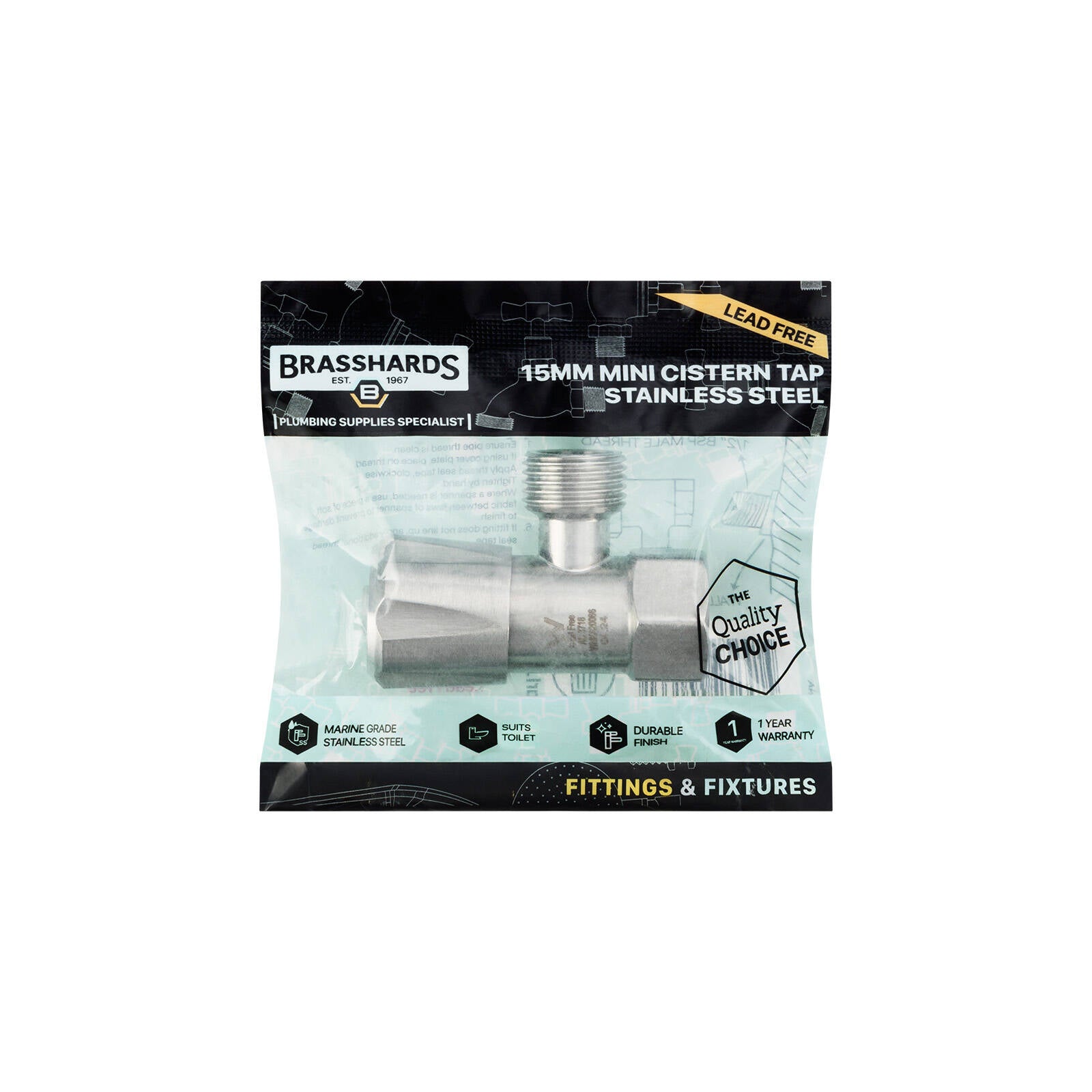 Brasshards Mini Cistern Tap 15mm Stainless Steel Finish Brass Lead Free