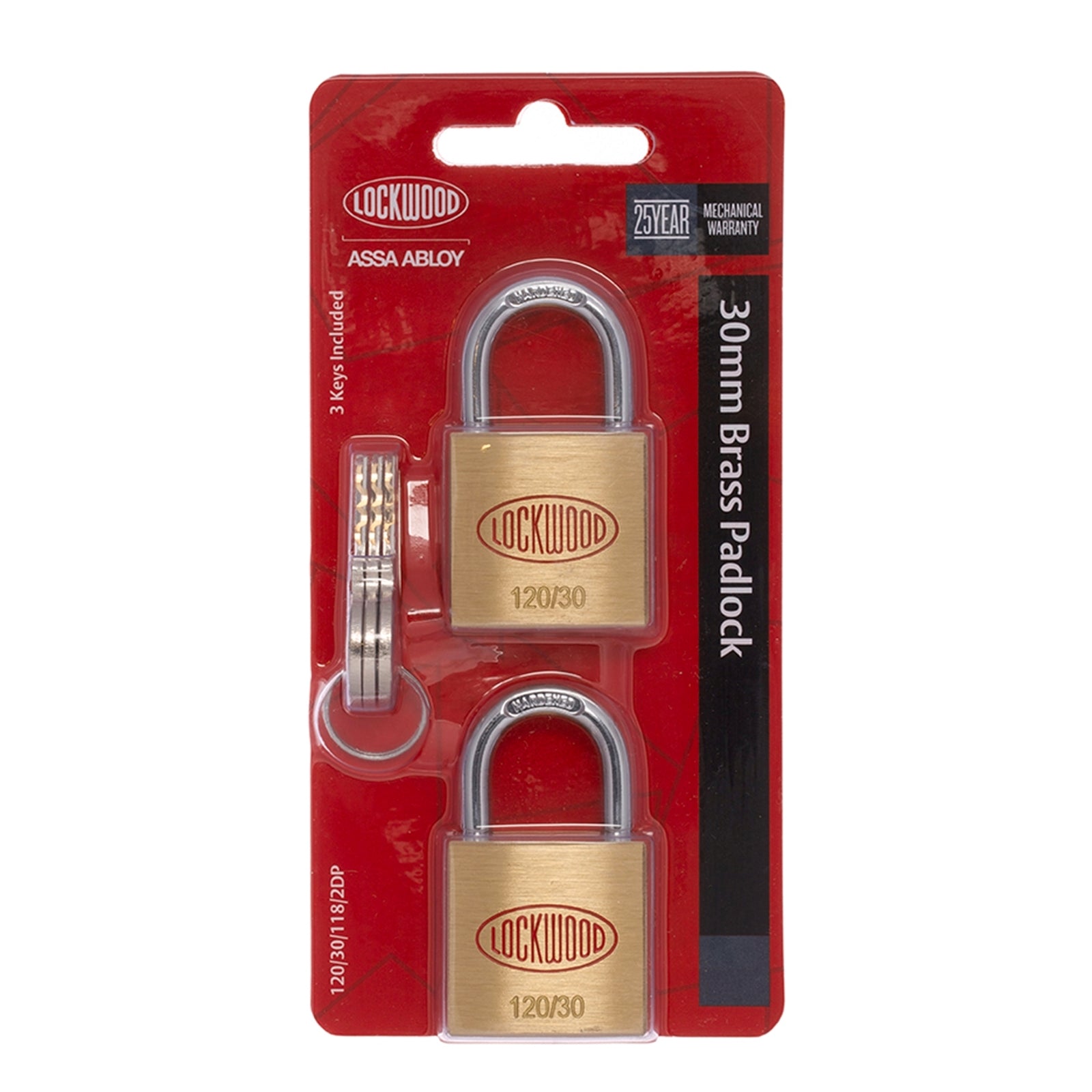 Lockwood 30mm Solid Brass General Purpose Padlock, 2 Pack, Double Locking