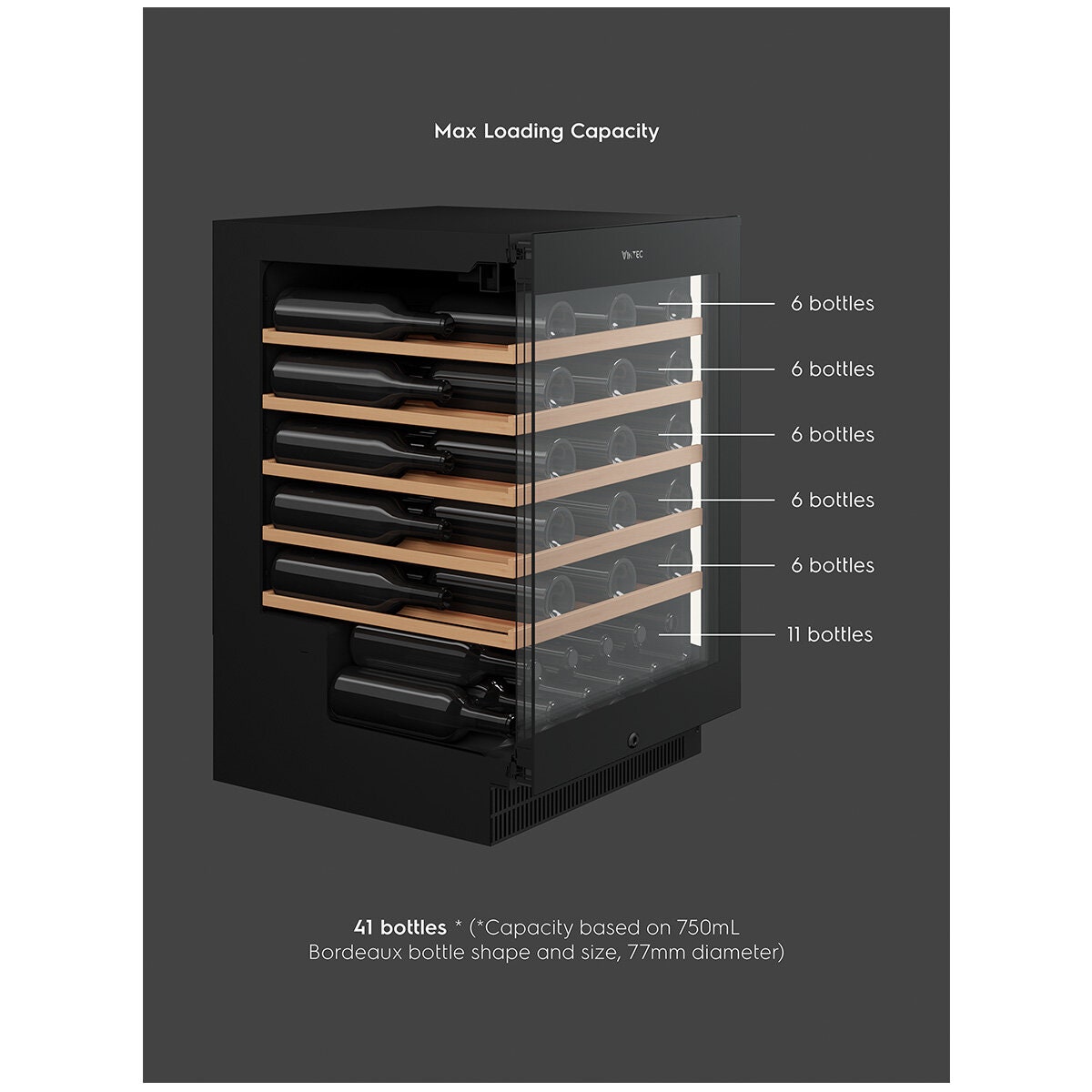 Vintec 41 Bottle Single Zone Wine Fridge - UV-Resistant Glass Door, Inverter Compressor - VWS820SCB-X