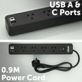 Arlec 4 Outlet Surge Protected Powerboard USB-A & USB-C with Master Switch Black PB4UCK-BK