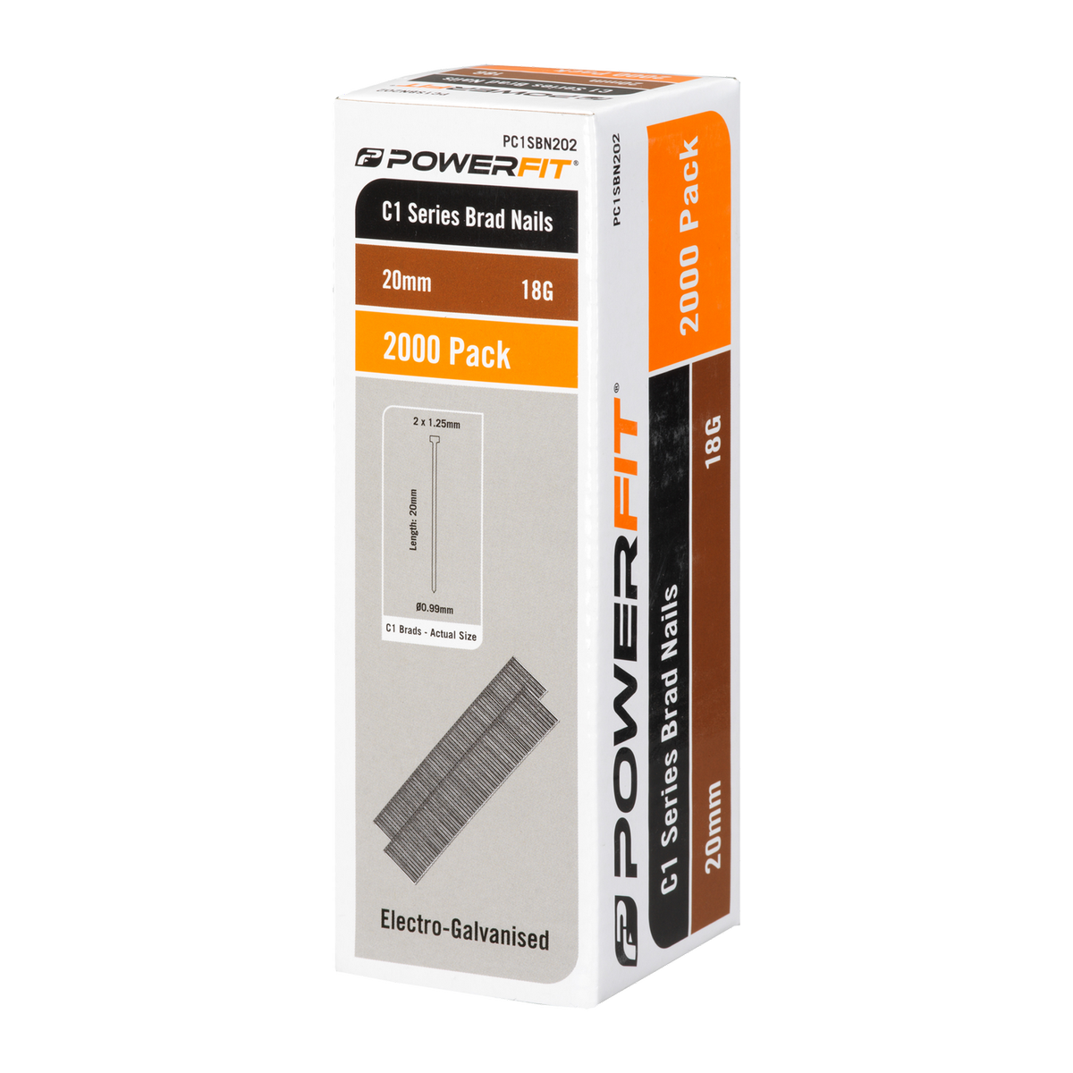 Powerfit 20mm C1 Series Brad Nails - 2000 Pack - Electro-Galvanised - 18 Gauge