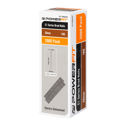 Powerfit 20mm C1 Series Brad Nails - 2000 Pack - Electro-Galvanised - 18 Gauge