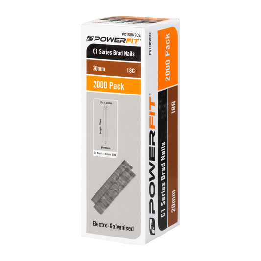 Powerfit 20mm C1 Series Brad Nails - 2000 Pack - Electro-Galvanised - 18 Gauge