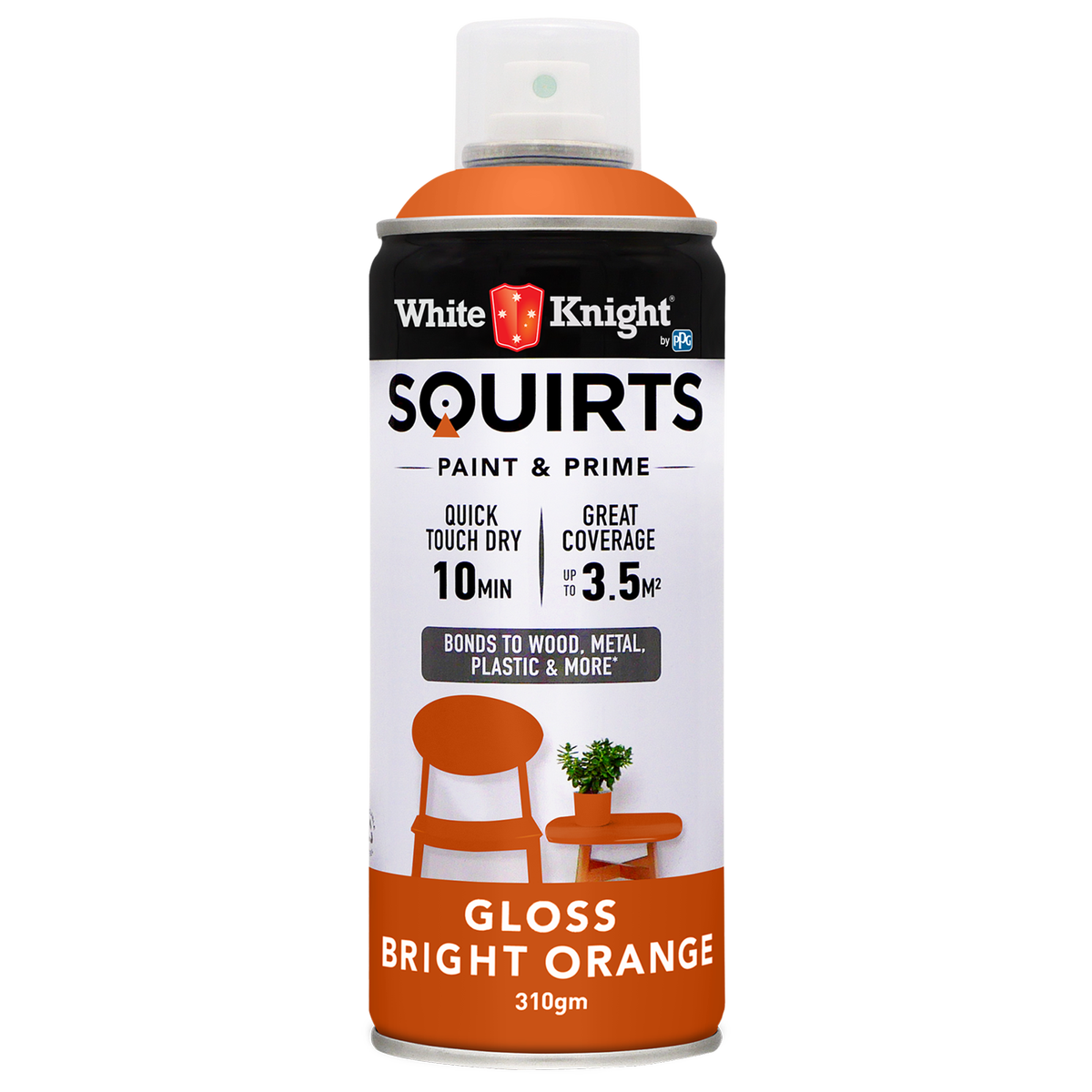 White Knight Squirts Bright Orange Gloss Spray Paint 310g Durable Finish - SuperSaverAU - view 1