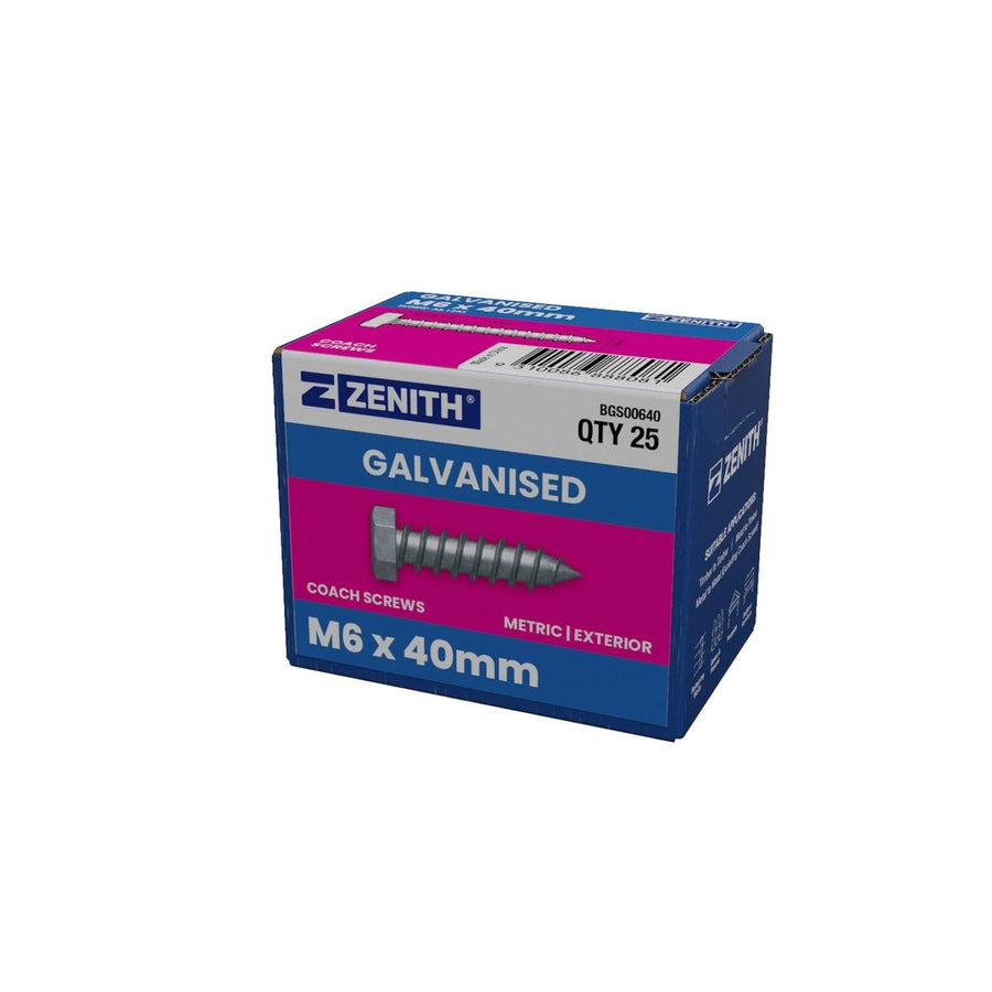 Zenith Hot Dip Galvanised Hex Head Coach Screws M6 x 40mm 25 Pack - SuperSaverAU - view 1
