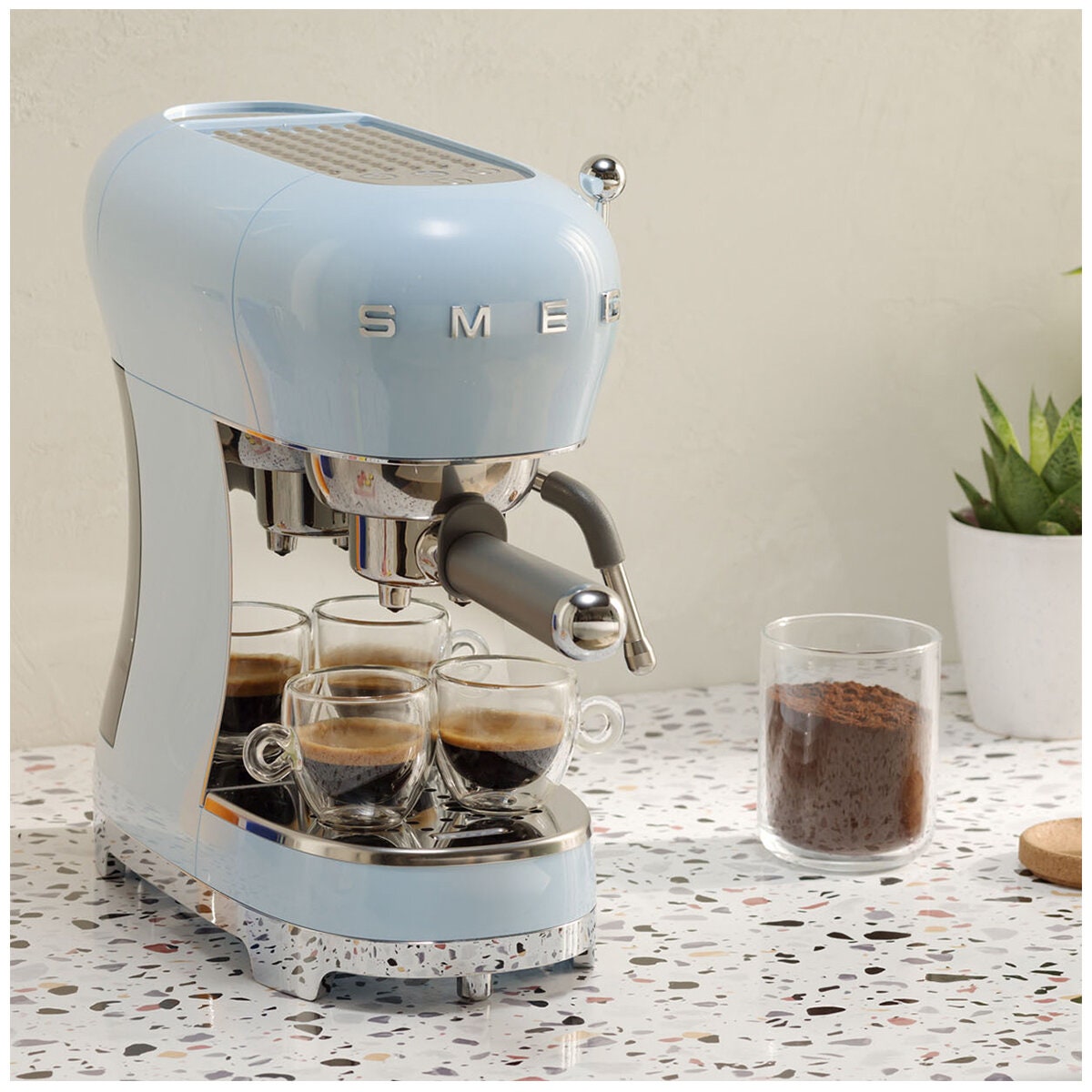Smeg 50s Style Espresso Coffee Machine - 15 Bar, ThermoBlock, Steam Wand, Pastel Blue - ECF02PBAU