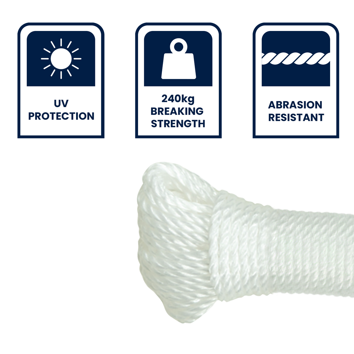 Grunt Super Silver 4mm x 20m Rope, White Twisted Polypropylene, Floats, 240kg Break Strength