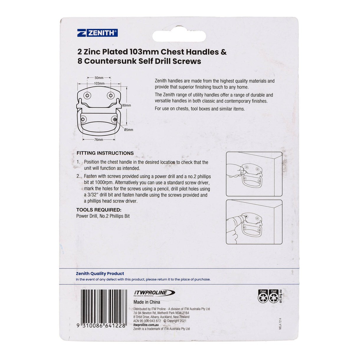Zenith 103mm Zinc Plated Chest Handle 2 Pack Steel Easy Install - SuperSaverAU - view 3