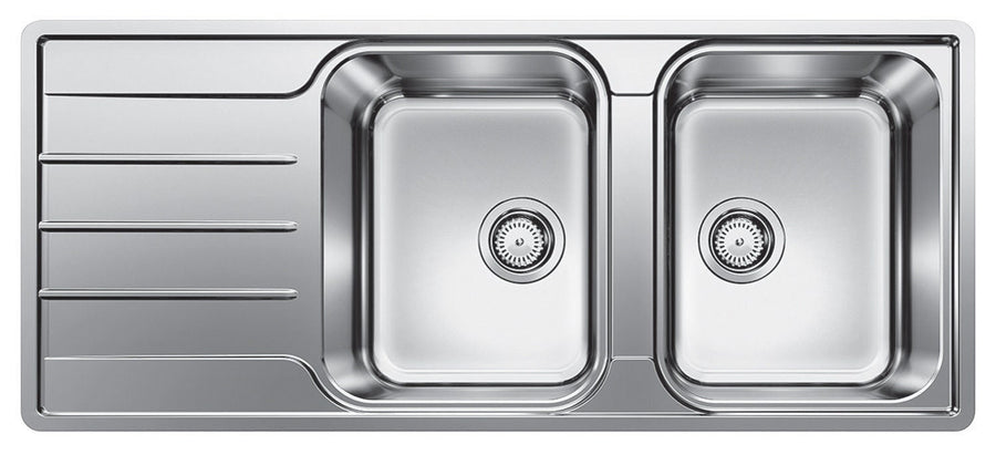 Blanco double bowl sink with left hand drainer - 18/10 stainless steel, flush or top mount - LEMIS8SRIFK5